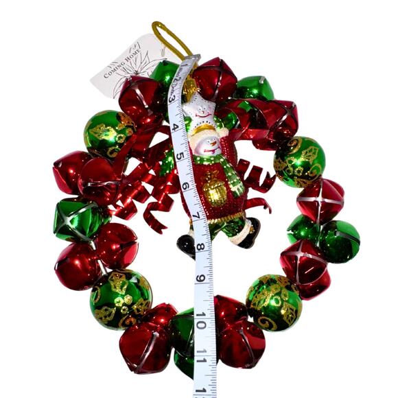 Jingle Bell Christmas Wreath with Snowman Ornament – Red & Green Metal Bells - Picture 7 of 10